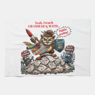 Funny Owl Teacher Mascot - Grammar & Math Hero - Tea Towel