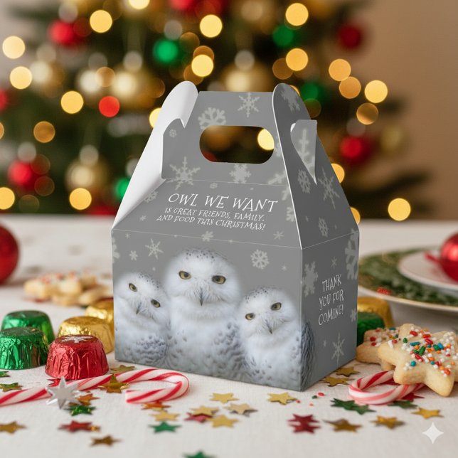 Funny Owl We Want for Christmas ... Snowy Owls Favour Box (Trio of Snowy Owls "Owl We Want" Favor Box Cover Photo)