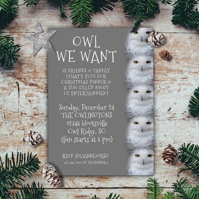 Funny Owl We Want for Christmas ... Snowy Owls Invitation (Funny Owl We Want for Christmas ... Snowy Owls Invitation Flat Card Cover Photo.)