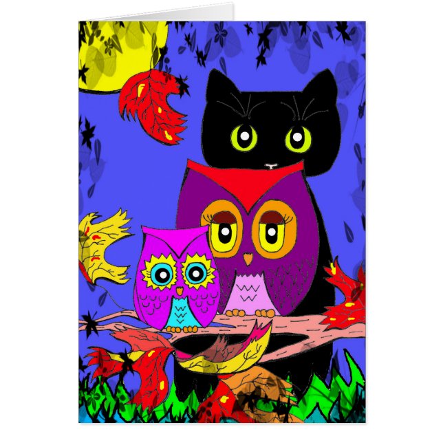 Funny Owls Black Cat Fall Moon Creationarts (Front)