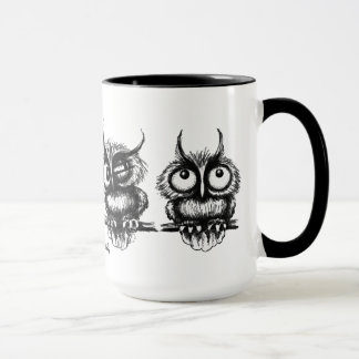 Funny owls pen ink drawing art mug design