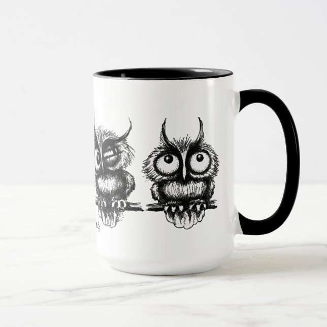 Funny owls pen ink drawing art mug design (Right)