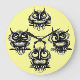 Funny owls pen, ink drawing clock design