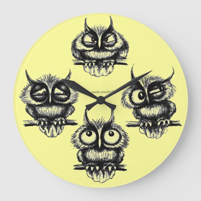Funny owls pen, ink drawing clock design (Front)