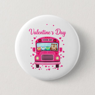 Funny owls school bus driver happy valentines day 6 cm round badge
