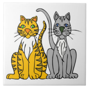 Funny Pair of Cartoon Tabby and Grey Alley Cats Tile