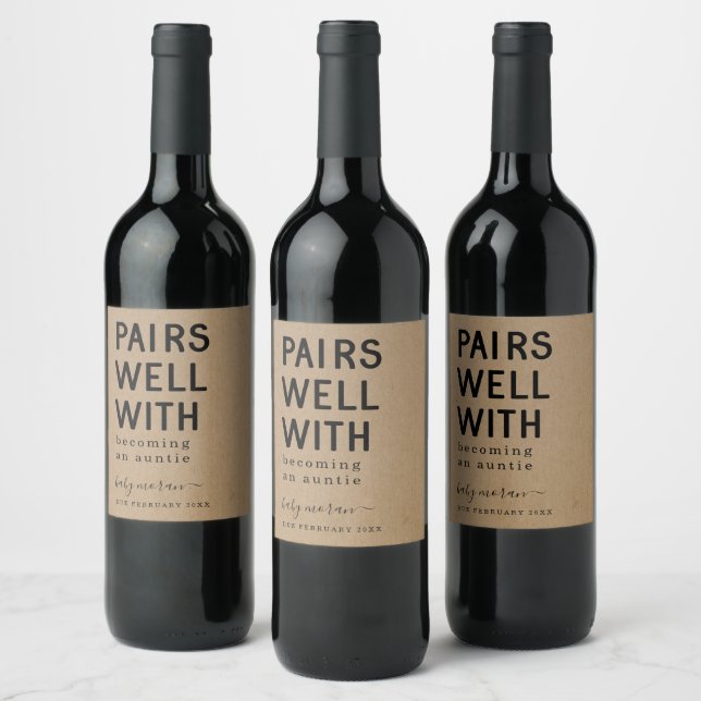 Funny Pairs Well with Becoming an Auntie Wine Label (Bottles)