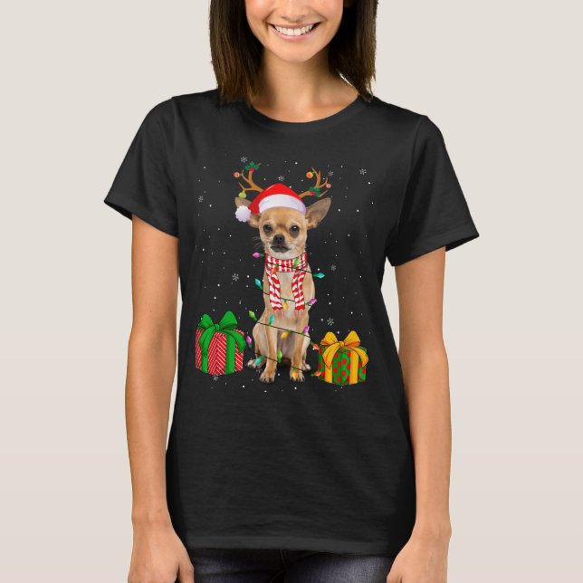 Funny Pajama Santa Hat Chihuahua Christmas Lights T-Shirt (Front)