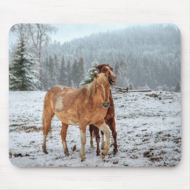 Funny Palomino & Red Dun Ranch Horses in Snow Mouse Pad (Front)