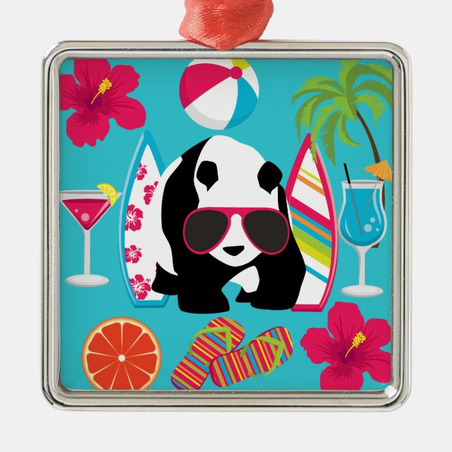 Funny Panda Bear Beach Bum Cool Sunglasses Surfing Metal Tree Decoration (Front)