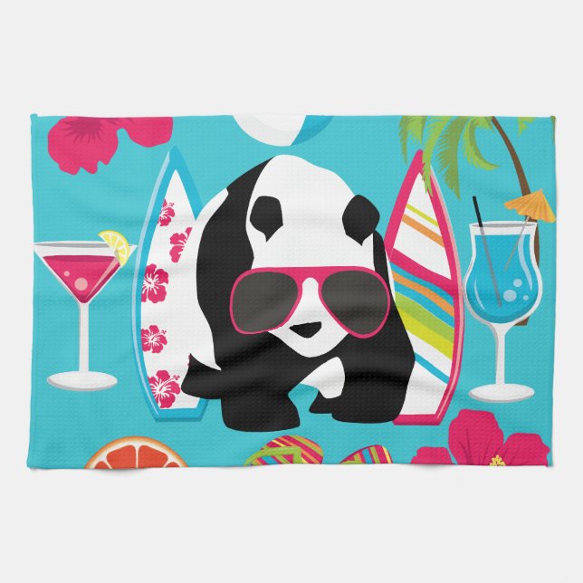 Funny Panda Bear Beach Bum Cool Sunglasses Surfing Tea Towel (Horizontal)