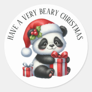 Funny panda bear Christmas greeting Classic Round Sticker