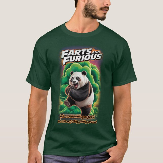 Funny Panda having Fun making a Fart on a Green T-Shirt (Front)