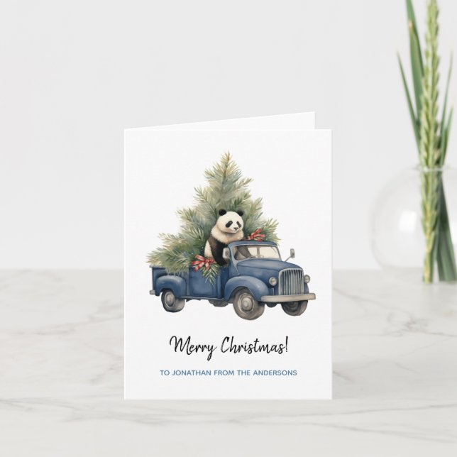 Funny Panda in Blue Retro  Truck Xmas Card (Front)