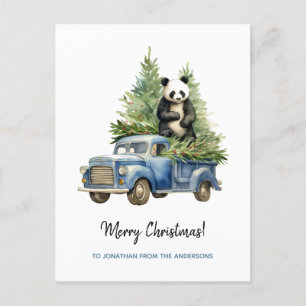 Funny Panda in Blue Vintage Van Xmas Holiday Postcard