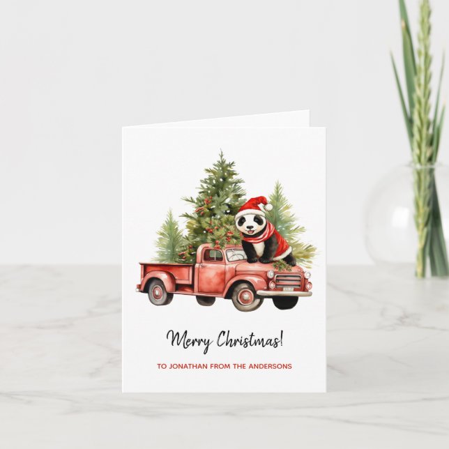 Funny Panda in Red Retro Van Xmas Card (Front)