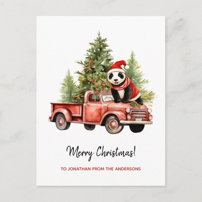 Funny Panda in Red Retro Van Xmas Holiday Postcard (Front)