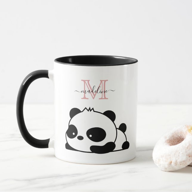 Funny Panda Modern Pink Monogram Mug (With Donut)