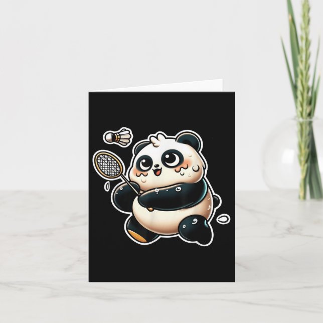Funny Panda Playing Badminton Cute Sporty Exercise Card (Front)