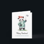 Funny Panda playing golf Christmas Card<br><div class="desc">Funny Panda playing golf Christmas Greeting Card. Beautiful watercolor drawing of a cute white panda bear in Santa hat playing golf. Personalised text.</div>
