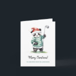 Funny Panda playing golf Christmas Card<br><div class="desc">Funny Panda playing golf Christmas Greeting Card. Beautiful watercolor drawing of a cute white panda bear in Santa hat playing golf. Personalised text.</div>