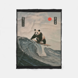 Funny Panda Surfing Saying Japanese Wave Meme Humo Fleece Blanket