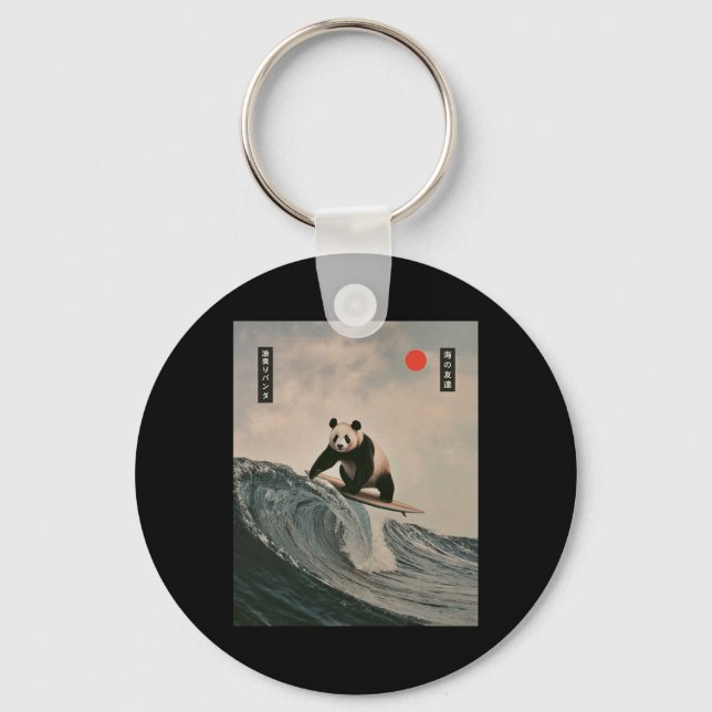 Funny Panda Surfing Saying Japanese Wave Meme Humo Key Ring (Front)