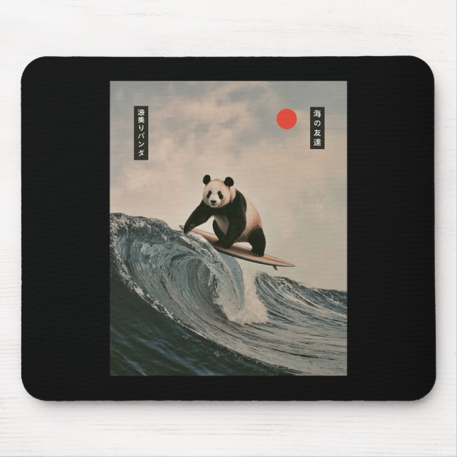Funny Panda Surfing Saying Japanese Wave Meme Humo Mouse Pad (Front)