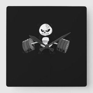 Funny Panda Workout Kitten Gym Deadlift Power Square Wall Clock