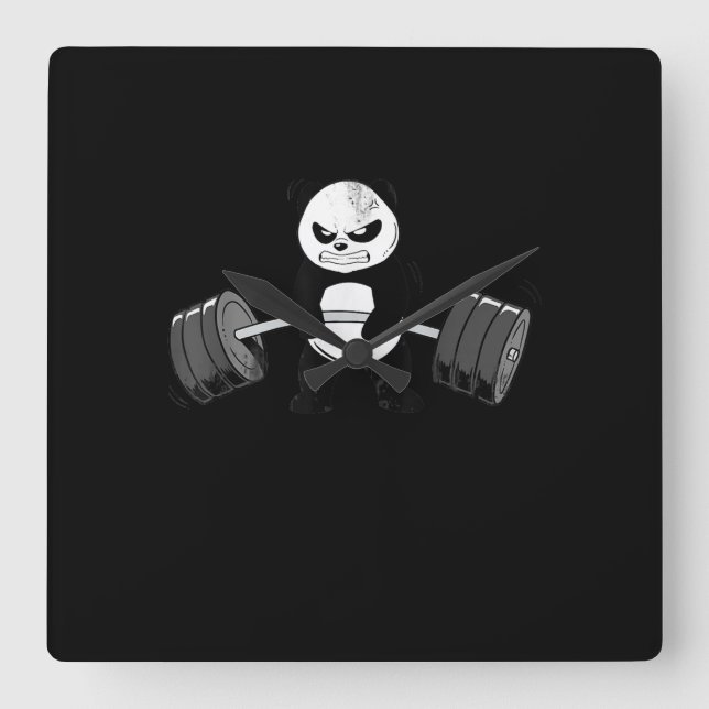 Funny Panda Workout  Kitten Gym Deadlift Power Square Wall Clock (Front)