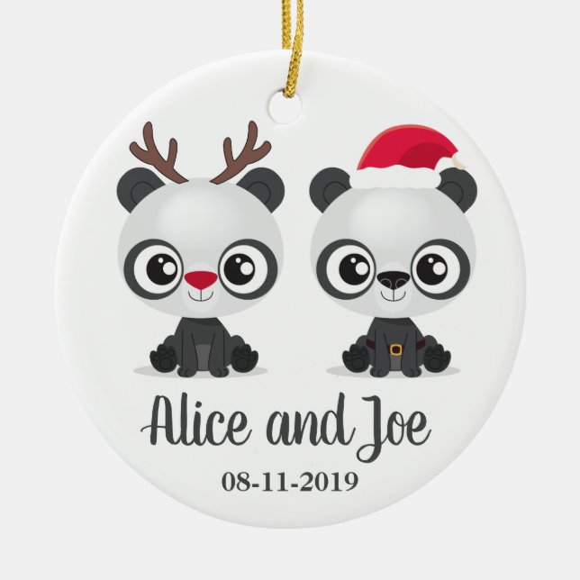 Funny Pandas custom names and date Ceramic Ornament (Front)