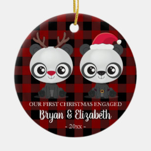 Funny Pandas first Christmas engaged red plaid Ceramic Ornament