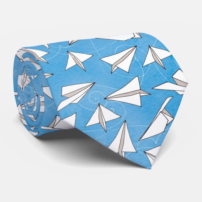 Funny Paper Aeroplanes on Blue Novelty Pattern Tie (Rolled)