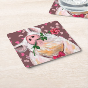 Funny Paper Coaster Gentleman Pig with Rose