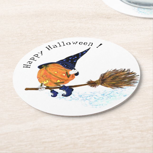 Funny Paper Coaster Halloween Witch Pumpkin Flying (Angled)