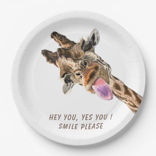 Funny Paper Plates Playful Giraffe - Custom Text (Front)