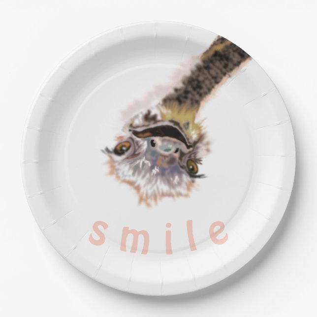 Funny Paper Plates Playful Ostrich Smile Your Text (Front)