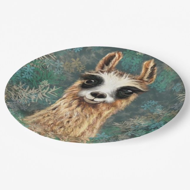 Funny Paper Plates with Curious Baby Llama (Angled)