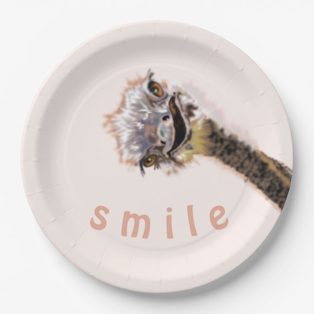Funny Paper Plates with Happy Ostrich Text Smile (Front)