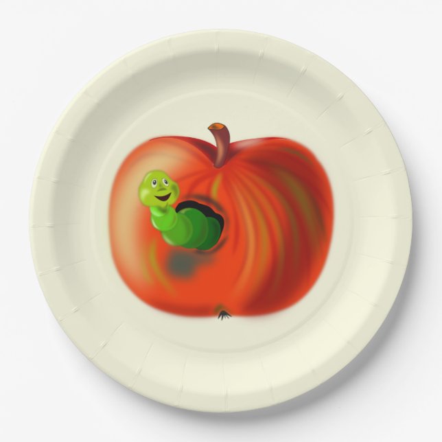 Funny Paper Plates with Happy Worm In Red Apple (Front)