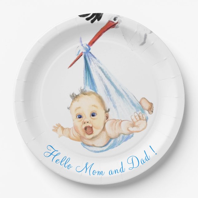 Funny Paper Plates with Stork Carrying Baby (Front)