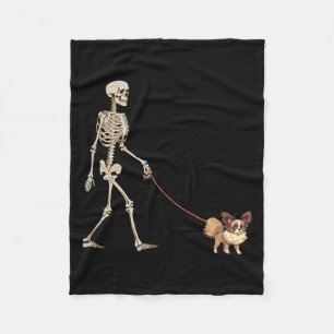 Funny Papillon Skeleton Dog Walking Halloween Dog Fleece Blanket