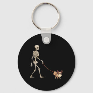 Funny Papillon Skeleton Dog Walking Halloween Dog Key Ring