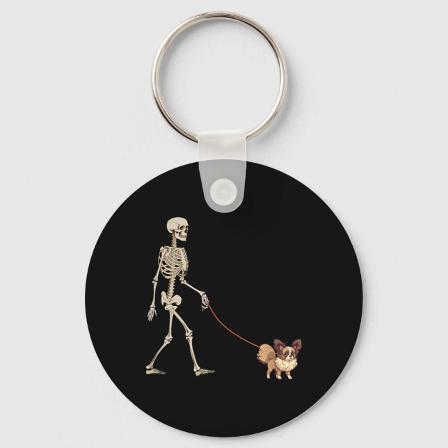 Funny Papillon Skeleton Dog Walking Halloween Dog Key Ring (Front)