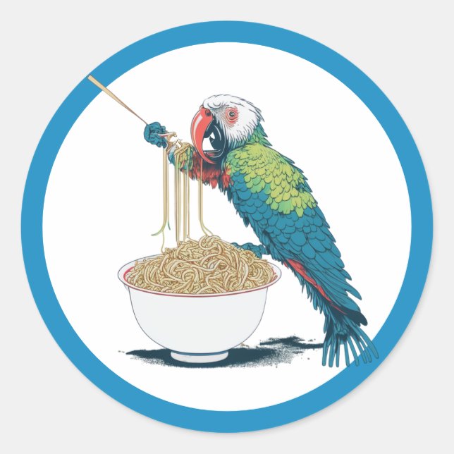 Funny Parrot Eating Ramen Noodles Classic Round Sticker (Front)