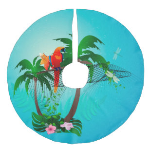 Funny parrot with flowers faux linen tree skirt