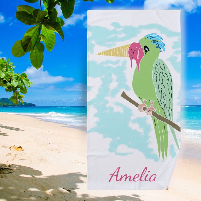 Funny Parrot with Ice cream Drawing Beach Beach Towel (Creator Uploaded)