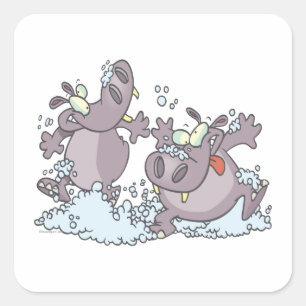funny party animal hippos in suds cartoon square sticker