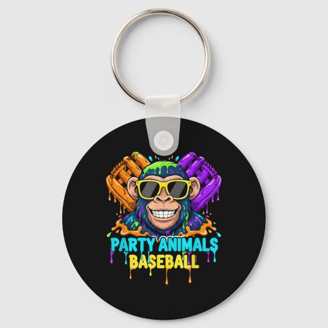 Funny Party Animals Baseball Monkey Summer Fun Key Ring (Front)