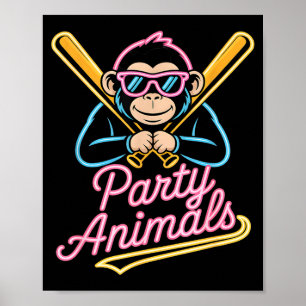 Funny party animals monkey baseball retro Funny pa Poster